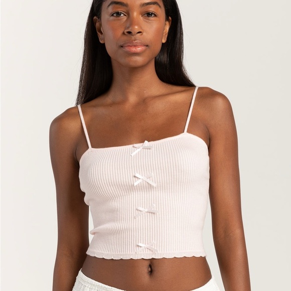 Tilly’s ribbon full tilt cami bow top knit Baby pastel light pink crop - Picture 1 of 4